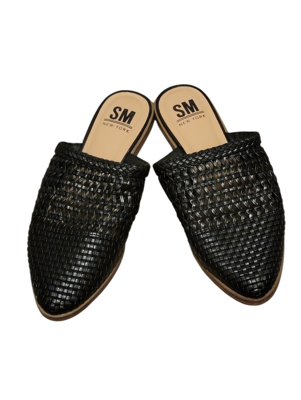 SM New York Black Woven Leather Slip-On Mules